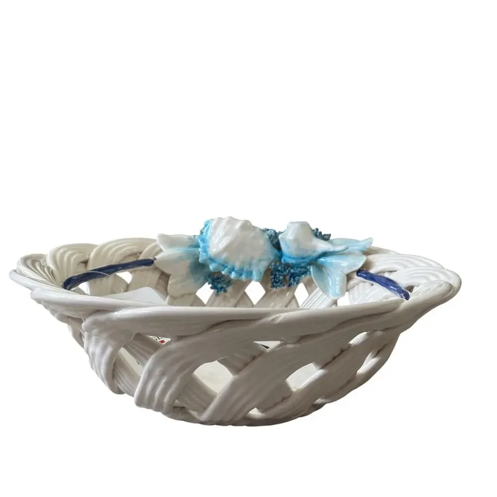 Ceramiche D’arte Handmade In Italy Basket Weave Bowl with Sea Creatures 11in NEW